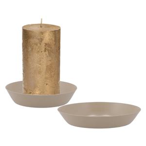 Merkloos Kaarshouder/ mini schaaltje voor stompkaars - 2x - beige/zand - metaal - D10 x 2 cm -