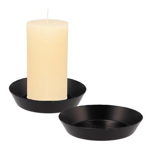 Merkloos Kaarshouder/ mini schaaltje voor stompkaars - 2x - zwart - metaal - D10 x 2 cm -