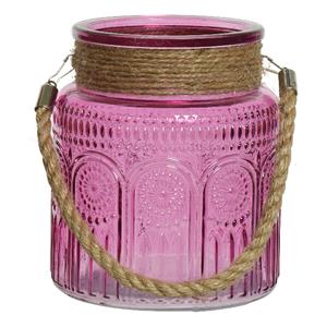 Lumineo Windlicht/lantaarn met relief - glas - D14 x H16 cm - fuchsia roze -