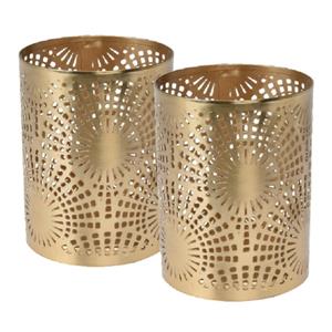 Merkloos 2x stuks metalen theelichthouders/windlichtjes goud type 3 D7,5 x H10 cm -