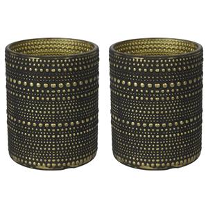 Countryfield Luxe theelichthouder/kaarsenhouder - 2x - zwart/goud - glas - D7 x H8 cm -