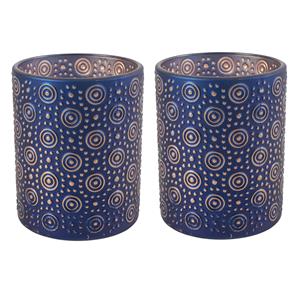 Countryfield 2x stuks luxe theelichthouder/kaarsenhouder - nachtblauw/goud - glas - D7 x H8 cm -