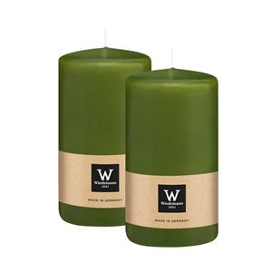 Wiedemann Cilinderkaars/stompkaars - 2x - olijfgroen - 12 x 6 cm - 33 branduren -