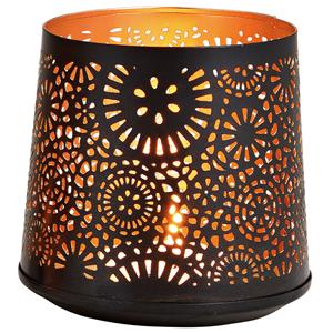 Merkloos 1x Theelichthouders/waxinelichthouders windlichten zwart/goud rondjes/cirkels patroon 13 cm -