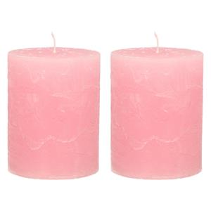 Merkloos Stompkaars/cilinderkaars - 2x - roze - 7 x 9 cm - middel rustiek model -