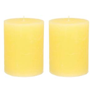 Merkloos Stompkaars/cilinderkaars - 2x - geel - 7 x 9 cm - middel rustiek model -