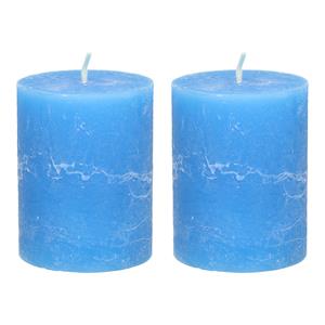Merkloos Stompkaars/cilinderkaars - 2x - helder blauw - 7 x 9 cm - middel rustiek model -