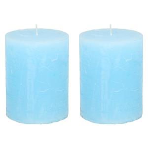 Merkloos Stompkaars/cilinderkaars - 2x - licht blauw - 7 x 9 cm - middel rustiek model -