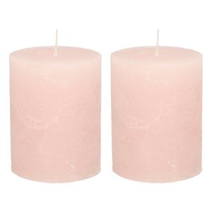 Merkloos Stompkaars/cilinderkaars - 2x - licht roze - 7 x 9 cm - middel rustiek model -