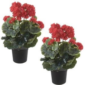 Louis Maes Set van 2x stuks rode geranium Pelargonium Graveolens kunstplanten in zwarte kunststof pot 35 cm -