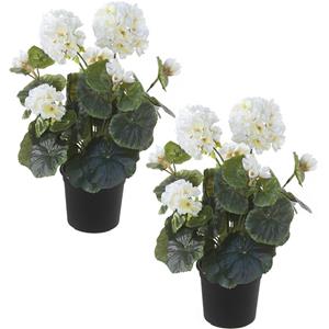 Louis Maes Set van 2x stuks witte geranium Pelargonium Graveolens kunstplanten in zwarte kunststof pot 35 cm -