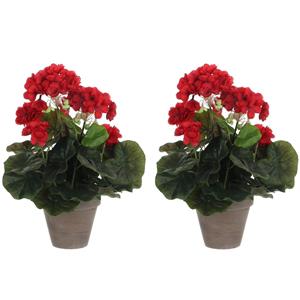 Mica Decorations Kunstplant - 2x stuks - Geranium - rood - in pot - D20 x H34 cm -