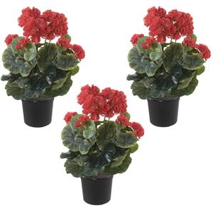 Louis Maes Set van 3x stuks rode geranium Pelargonium Graveolens kunstplanten in zwarte kunststof pot 35 cm -