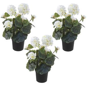 Louis Maes Set van 3x stuks witte geranium Pelargonium Graveolens kunstplanten in zwarte kunststof pot 35 cm -