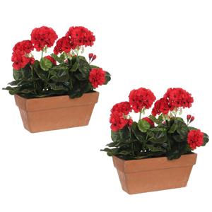 Mica Decorations 2x stuks geranium balkon kunstplanten rood in keramieken pot L29 x B13 x H40 cm -