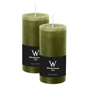 Wiedemann Cilinderkaars/stompkaars - 2x - rustieke kaars - olijfgroen - 6 x 12 cm - branduren -