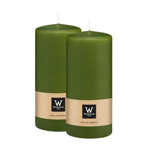 Wiedemann Cilinderkaars/stompkaars - 2x - olijfgroen - 15 x 7 cm - 63 branduren -