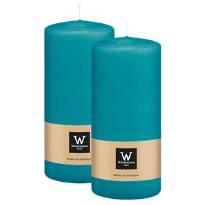 Wiedemann Cilinderkaars/stompkaars - 2x - turquoise blauw - 15 x 7 cm - 63 branduren -