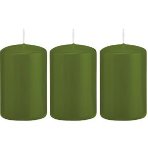 Trend Candles Cilinderkaars/stompkaars - 3x - olijfgroen - 5 x 8 cm - 18 branduren -