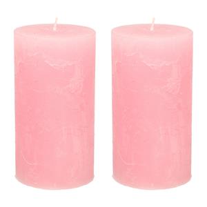 Merkloos Stompkaars/cilinderkaars - 2x - roze - 7 x 13 cm - rustiek model -