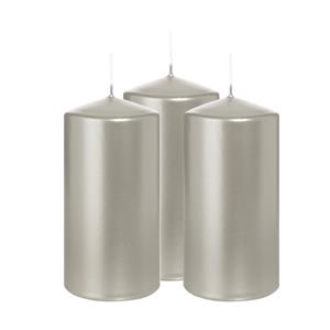 Wiedemann Cilinderkaars/stompkaars - 3x - metallic zilver - 12 x 6 cm - 33 branduren -