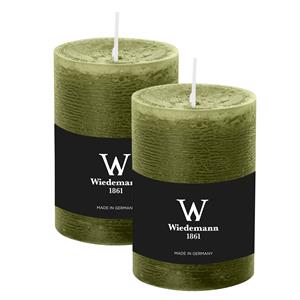 Wiedemann Cilinderkaars/stompkaars - 2x - rustieke kaars - olijfgroen - 7 x 10 cm - 43 branduren -