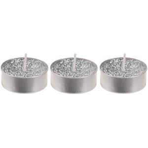 Merkloos 12x Zilveren glitter waxinelichtjes/theelichtjes 6 cm -