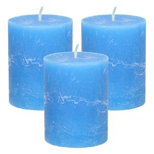 Merkloos Stompkaars/cilinderkaars - 3x - helder blauw - 7 x 9 cm - middel rustiek model -