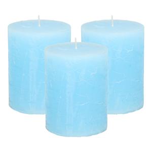 Merkloos Stompkaars/cilinderkaars - 3x - licht blauw - 7 x 9 cm - middel rustiek model -