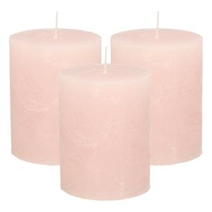 Merkloos Stompkaars/cilinderkaars - 3x - licht roze - 7 x 9 cm - middel rustiek model -