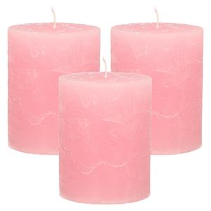Merkloos Stompkaars/cilinderkaars - 3x - roze - 7 x 9 cm - middel rustiek model -