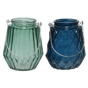 Decoris Set van 2x stuks theelichthouders/waxinelichthouders glas zeegroen en donkerblauw 11 x 13 cm -