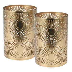 Merkloos 2x stuks metalen theelichthouders/windlichtjes goud type 1 D10 x H15 cm -