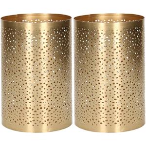 Merkloos 2x stuks metalen theelichthouders/windlichtjes goud type 2 D10 x H15 cm -
