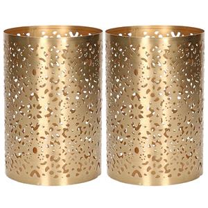 Merkloos 2x stuks metalen theelichthouders/windlichtjes goud type 3 D10 x H15 cm -