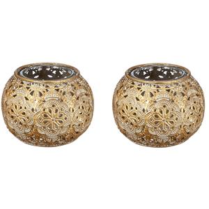 Merkloos Waxinelichthouder - 2x stuks - goudkleurig - met glas - 7 cm - theelichthouder -