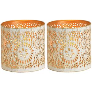 Merkloos 2x Theelichthouders/waxinelichthouders windlichten metaal wit/goud rondjes/cirkels patroon 11 cm -