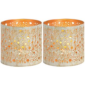 Merkloos 2x Theelichthouders/waxinelichthouders windlichten metaal wit/goud rondjes/druppels patroon 11 cm -