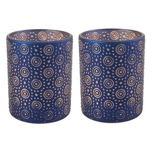 Countryfield 2x stuks luxe theelichthouder/kaarsenhouder - nachtblauw/goud - glas - D8 x H10 cm -
