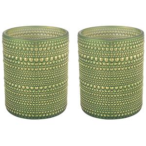 Countryfield 2x stuks luxe theelichthouder/kaarsenhouder - olijfgroen/goud - glas - D8 x H10 cm -
