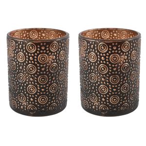 Countryfield 2x stuks luxe theelichthouder/kaarsenhouder - zwart/brons - glas - D8 x H10 cm -