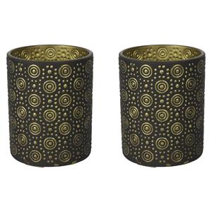 Countryfield 2x stuks luxe theelichthouder/kaarsenhouder - zwart/goud - glas - D8 x H10 cm -