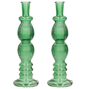 Merkloos Kaarsen kandelaar Florence - 2x - groen glas - ribbel - D9 x H28 cm -