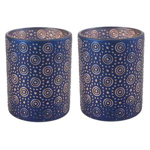 Countryfield 2x stuks luxe theelichthouder/kaarsenhouder - nachtblauw/goud - glas - D10 x H12 cm -