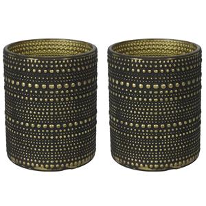 Countryfield 2x stuks luxe theelichthouder/kaarsenhouder - zwart/goud - glas - D10 x H12 cm -