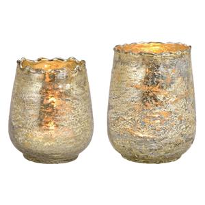 Merkloos Set van 2x windlicht/kaarsenhouder - glas - champagne goud - 2 formaten -