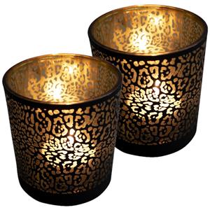 Mars & More Waxinelichthouder - Set van 3x stuks - zwart - glas - jaguar print - 8 cm -