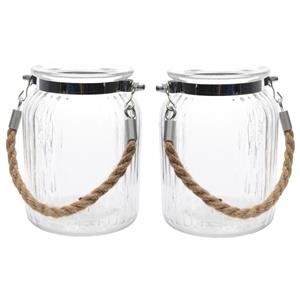 Decoris Set van 3x stuks windlichtje/kaarsenhouder van glas met koordje 14,5 x 11 cm -