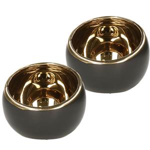 Countryfield Luxe theelichthouder/kaarsenhouder - 2x - zwart/goud - keramiek - D10 x H9 cm -