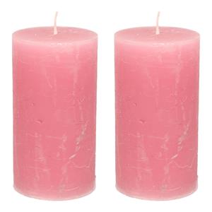 Merkloos Stompkaars/cilinderkaars - 2x - oud roze - 7 x 13 cm - rustiek model -